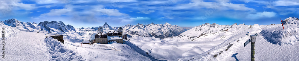Panorama view of Matterhorn and Pennine Alps Massive from Gorner