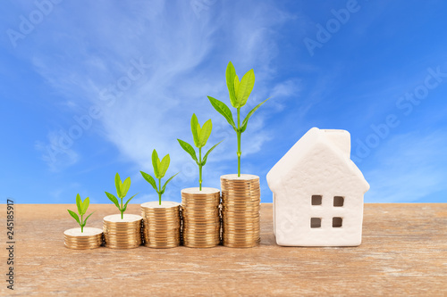 Model house and coin stack with tree on blue sky background mortgage saving concept