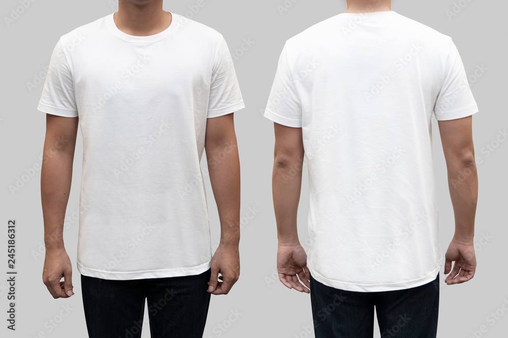 Isolated front and back white t-shirt on a man body as a template for t ...
