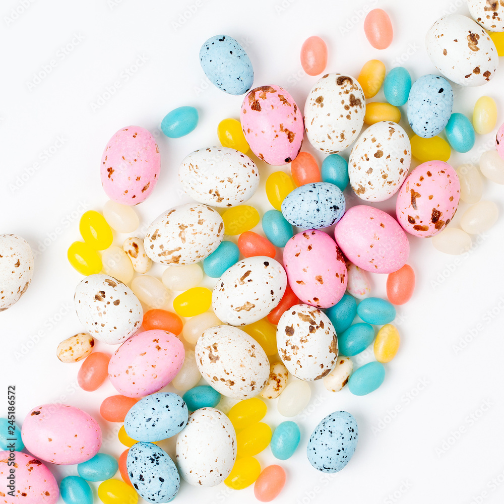 Stylish Candy background  in pastel colors. Easter concept . Flat lay