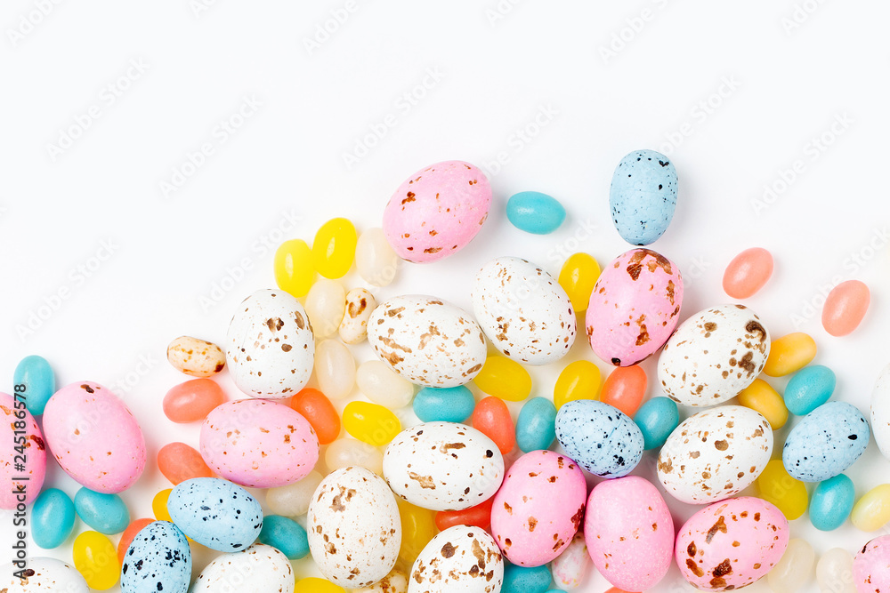 Stylish Candy background  in pastel colors. Easter concept . Flat lay