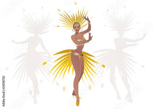 Beautiful dancing girl dressed like a star feathered carnival, music hall or musical revue