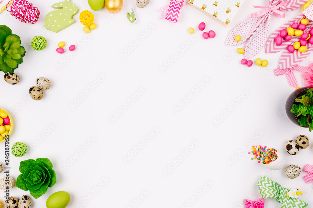 Woman holding dish  on spring decoration background. Easter concept. Flat lay, top view