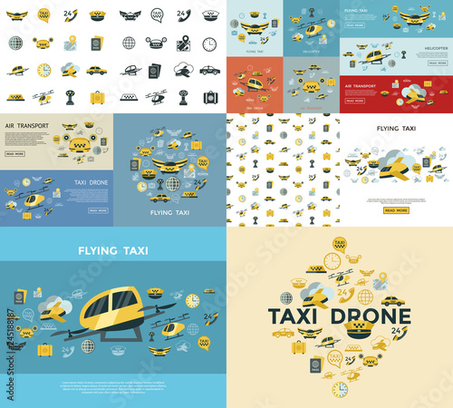 Digital vector flying taxi drone icon set