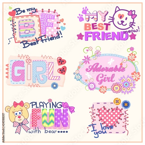 Set of funny vector prints for clothes for girls, woman or babies. Six cute little compositions - Vector