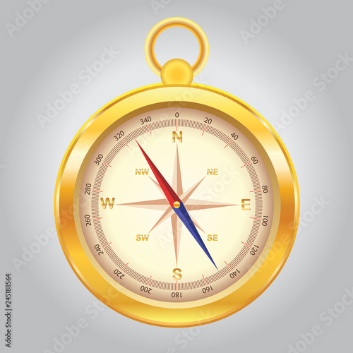 detailed gold compass for navigation with wind rose, arrow and directions on a neutral background for your design. Realistic metal compass