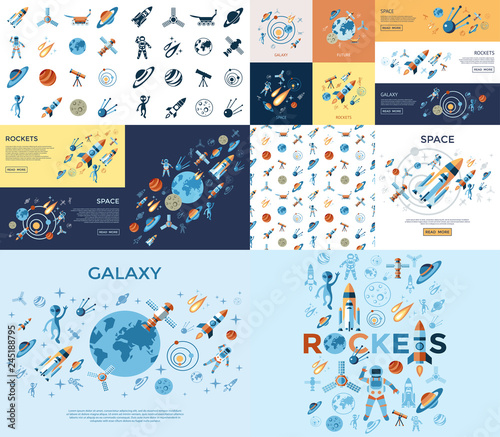 Digital vector line icons set space and rockets