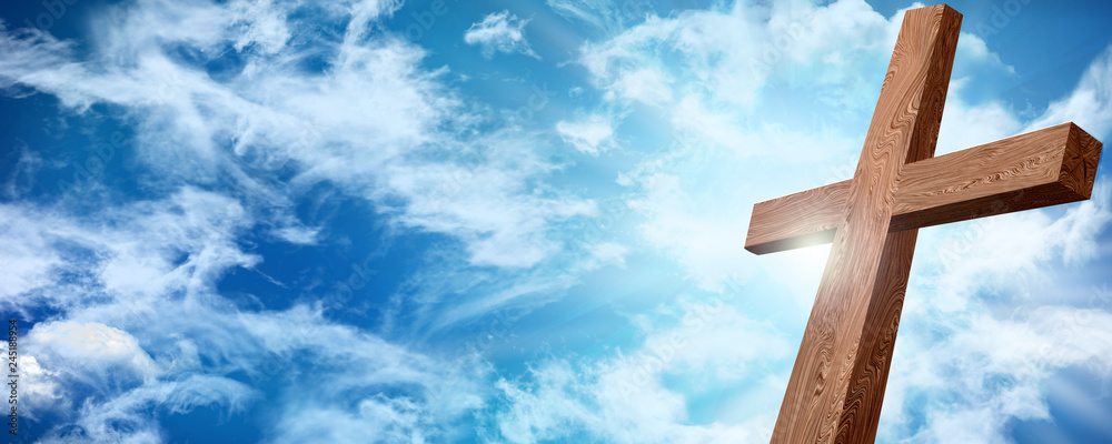 Web banner. Resurrection or crucifixion. Wooden cross on sky background ...