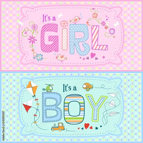 Baby shower - two cute cards for boy and girl with seamless texture with dots in the background