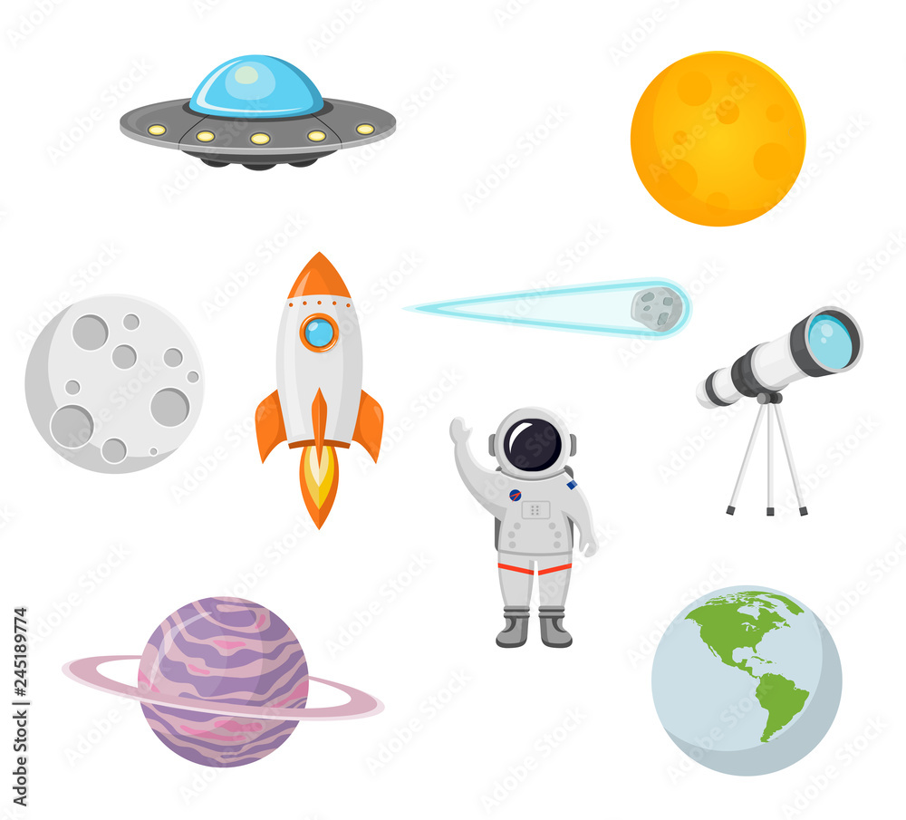 Naklejka premium Weltall Weltraum Set Flat Design isoliert auf weißem Hintergrund