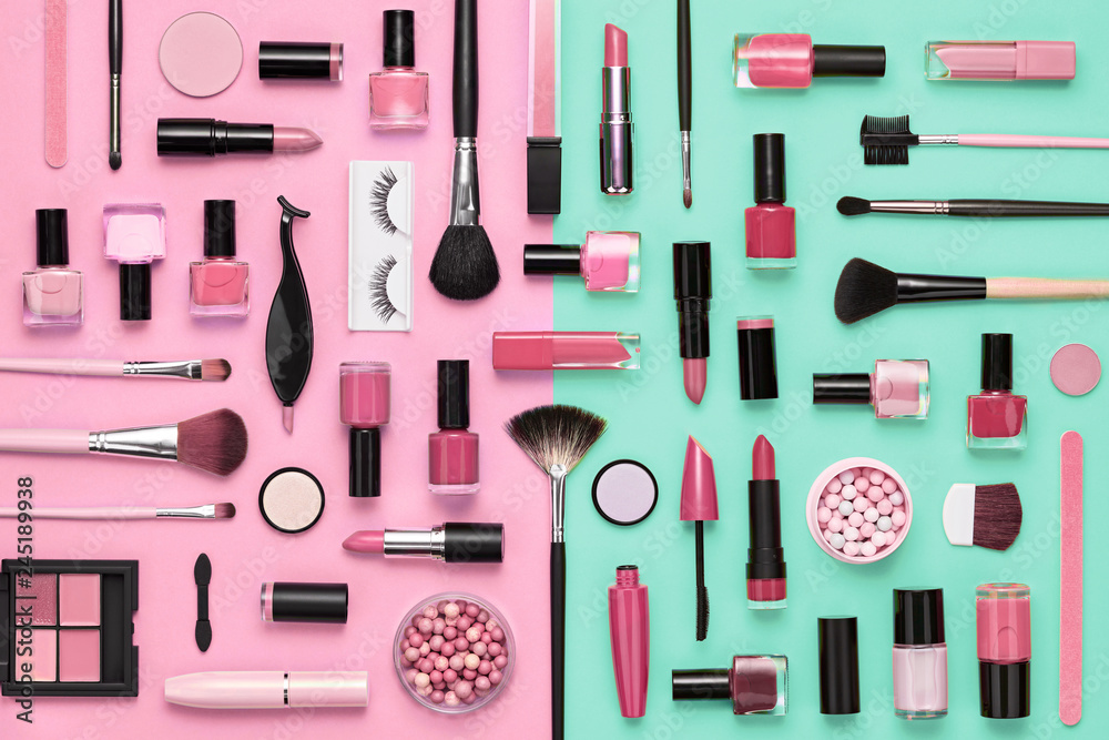 Foto Stock Fashion Woman Cosmetic Makeup Set. Flat lay. Collection Beauty  Products Accessories. Bright Coral Color. Essentials. Layout. Trendy  Lipstick Brushes Eyeshadow. Art Concept Style. | Adobe Stock