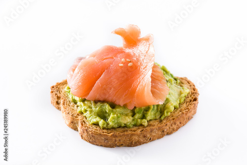 Close up avocado toast with fresh salmon on isolated on white background