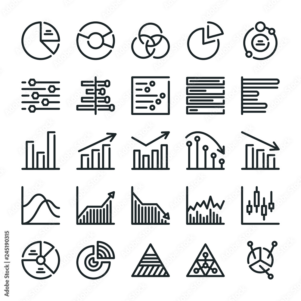 Diagrams and Graphs icons set. Statistics, trading and economy symbols ...