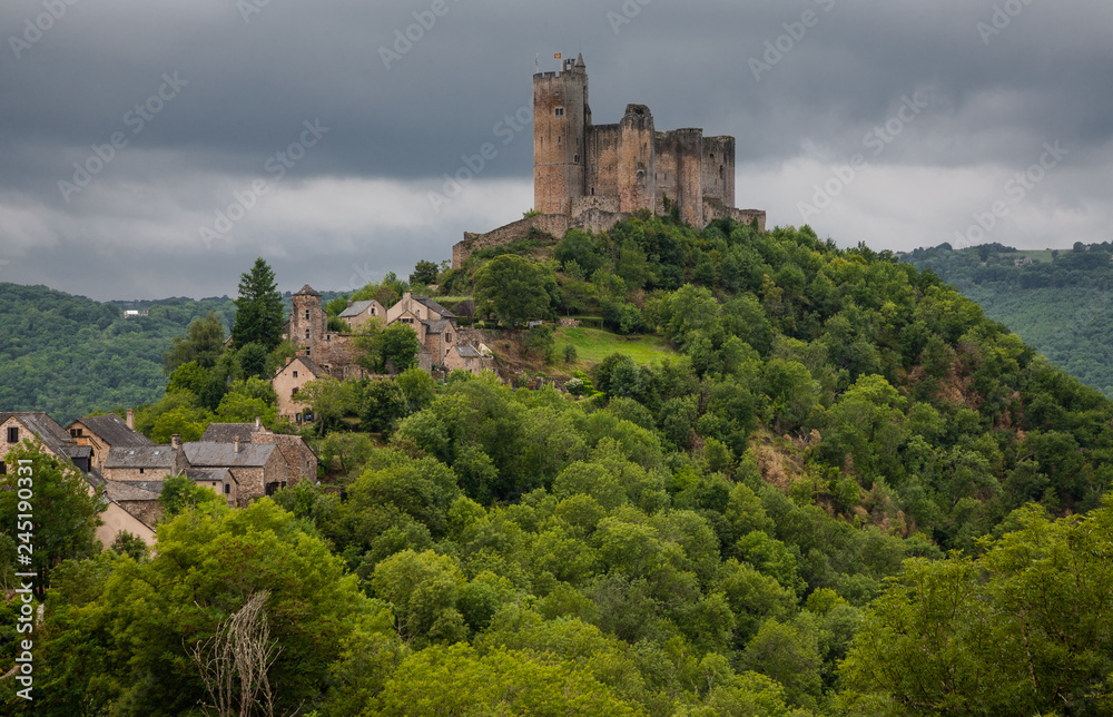Castle and medieval village of Najac on a cloudy day