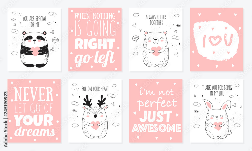 Obraz premium Vector line drawing postcard collection with cute animals and lettering.