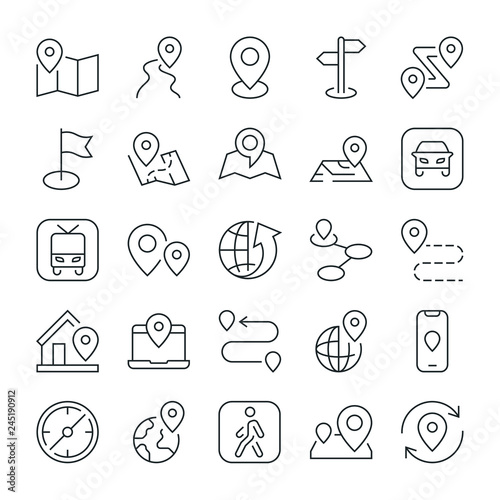 Markers, point and navigation icons set. Line style