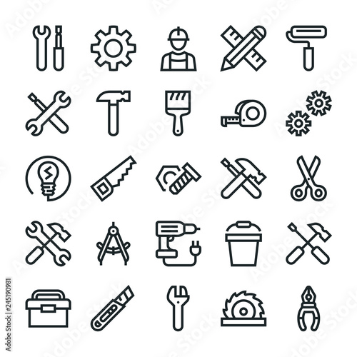 Wallpaper Mural Repair, workshop and tools icons set. Line style Torontodigital.ca