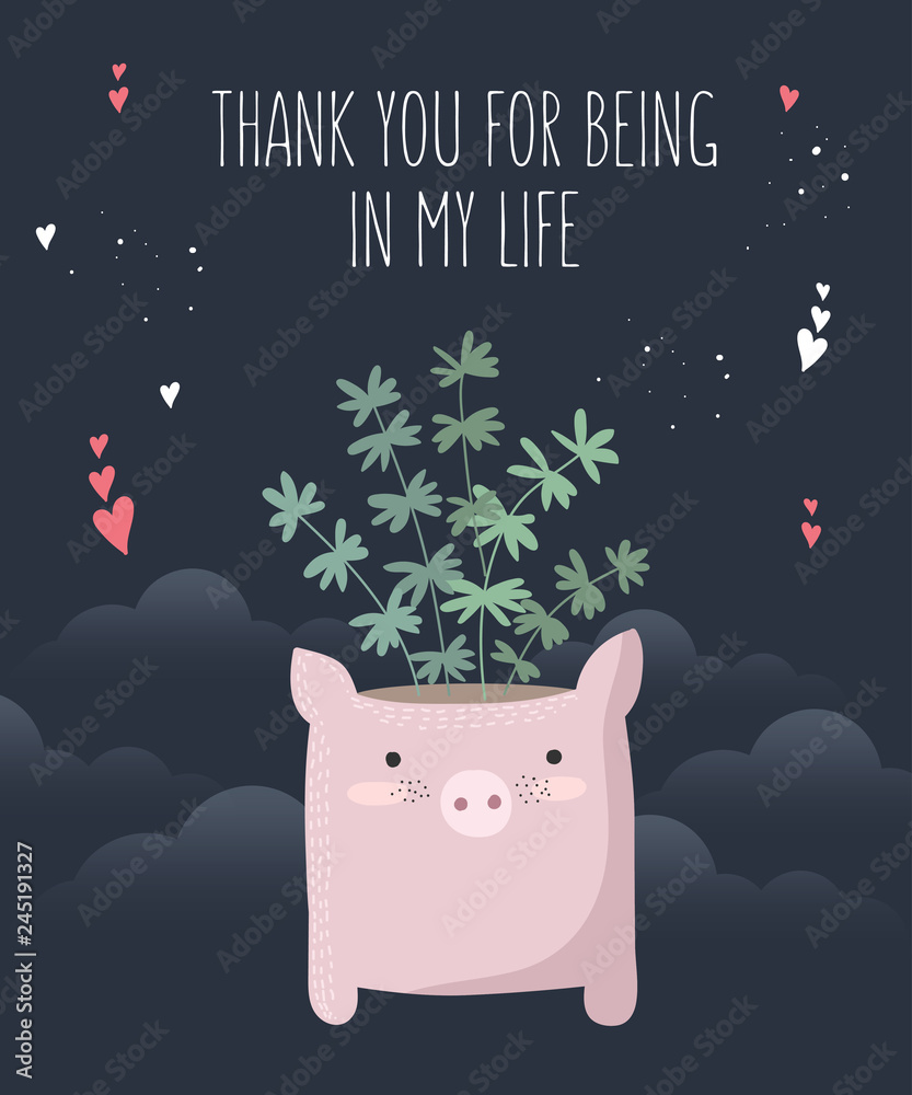 Vector line drawing poster with cute pig and plant