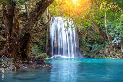 Erawan waterfall in Thailand. Beautiful waterfall with emerald pool in nature.