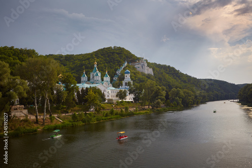 Boats on the Seversky Donets river, Holy Mountains and Sviatogorskaya Lavra at Sviatogorsk.