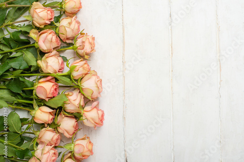 Pink roses on a white wooden background, festive background, anniversary, wedding, Valentine's Day