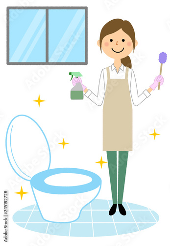 エプロンの女性　トイレ掃除