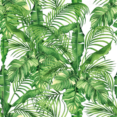 Watercolor painting coconut,banana,palm leaf,green leave seamless pattern background.Watercolor hand drawn illustration tropical exotic leaf prints for wallpaper,textile Hawaii aloha jungle style. © nongnuch_l