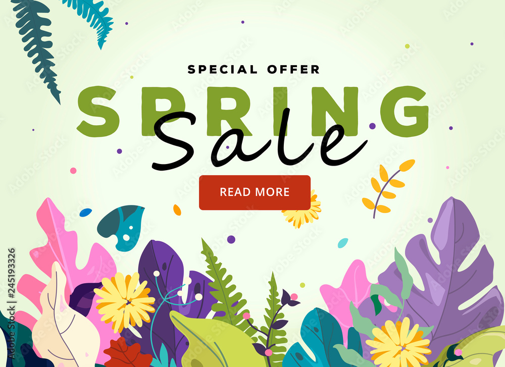 Spring sale banner template, leaves and spring flowers on white background. Season sale banner, special offer poster, flyer