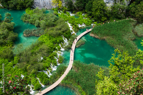 Plitvice National Park, Croatia, Europe. Amazing view over the lakes and waterfalls surrounded by forest.