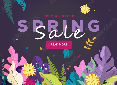 Spring sale banner, leaves and spring flowers on purple background. Spring design for season sale banner