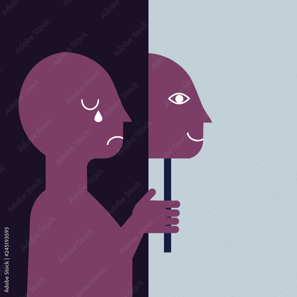 Depression concept, sad depressed man covering face with mask, vector  illustration Stock Vector | Adobe Stock