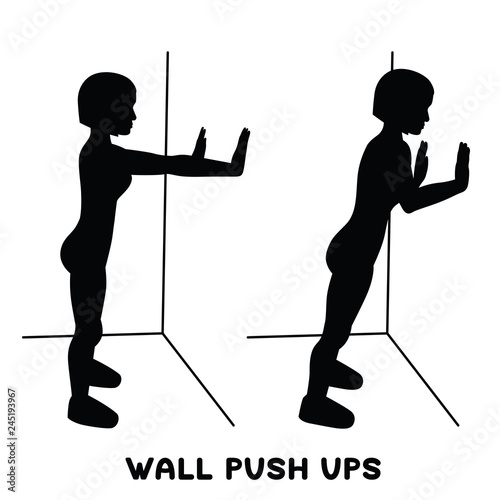 Wall push ups. Sport exersice. Silhouettes of woman doing exercise. Workout, training.