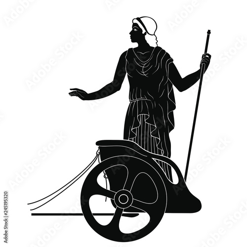 The ancient Greek goddess Hera in a tunic with a rod in her hand stands on the chariot.