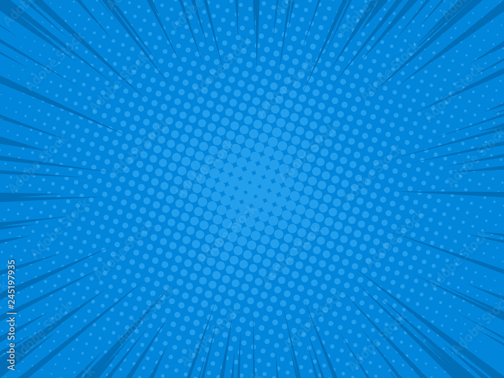 Naklejka premium Comic blue background radial speed lines anl halftone dots for comic books