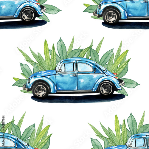 watercolor pattern with a retro car and leaves