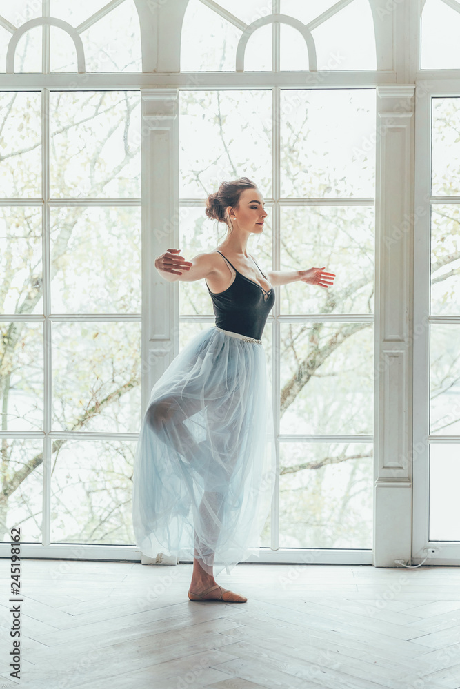 Young classical ballet dancer woman in dance class. Beautiful graceful ballerina practice ballet positions in blue tutu skirt near large window in white light hall Young classical ballet dancer woman in dance class. Beautiful graceful ballerina practice ballet positions in blue tutu skirt near large window in white light hall