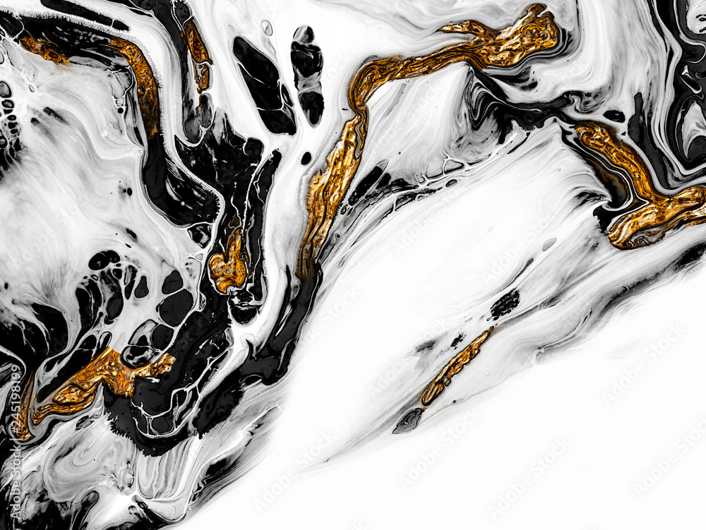 Fototapeta Creative abstract hand painted background, wallpaper, texture, close-up fragment of acrylic painting on canvas with brush strokes. Modern art. Black and white with gold background. Contemporary art.