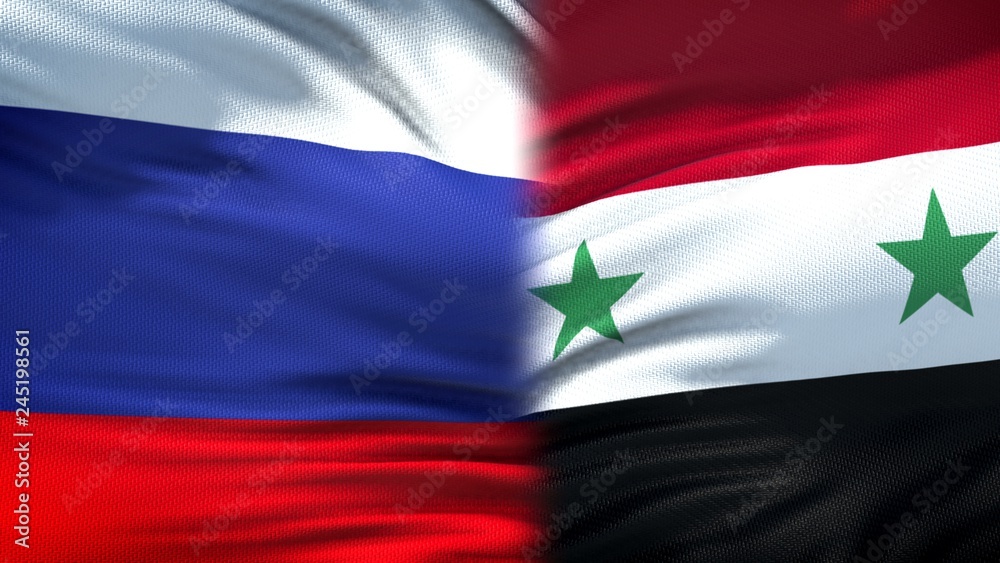 Russia and Syria flags background, diplomatic and economic relations, business Russia and Syria flags background, diplomatic and economic relations, business