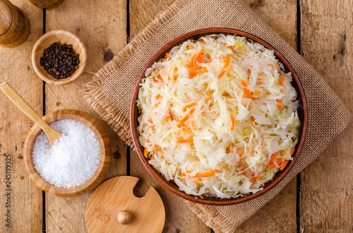 Sauerkraut in a clay bowl.