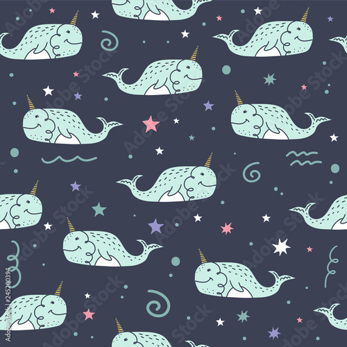 Vector space whales doodle pattern, narwhals art. Textile or wrapping paper design.