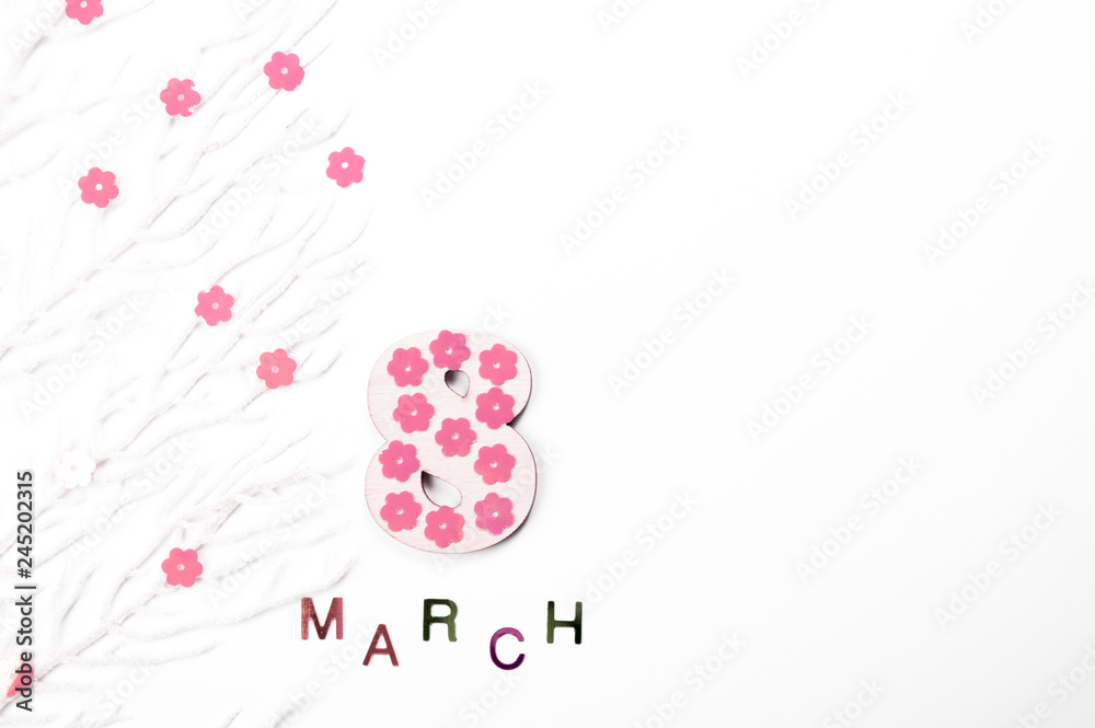 Womens day design, greeting card with March 8,flat lay,copy space. Womens day design, greeting card with March 8,flat lay,copy space.