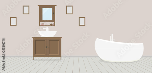 Provencal style bathroom with washbasin, wardrobe, fashionable bath and paintings on a dusty rose wall. Light gray wooden planks on the floor. Vector illustration