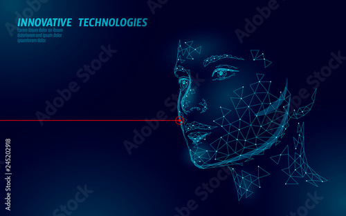Low poly female human face laser skin treatment. Rejuvenation procedure beauty salon care. Clinic medicine cosmetology innovation technology. 3D polygonal rendering vector illustration