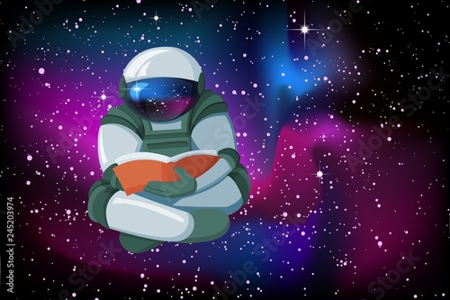 Cartoon Floating astronaut reading a book on smooth glow night sky background