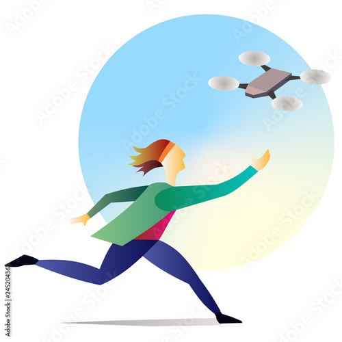 Young guy running with quadrocopter or drone