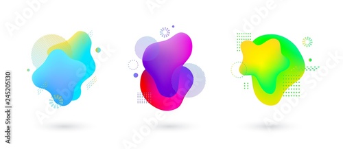 Set of spots with abstract elements for trendy blue, yellow and green color design, vector illustration on isolated background. Absract fluid gradient spots with geometric symbols set.