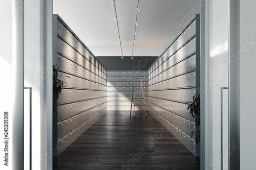 Safe deposit boxes and ladder inside bank vault. Safety closets. 3d rendering