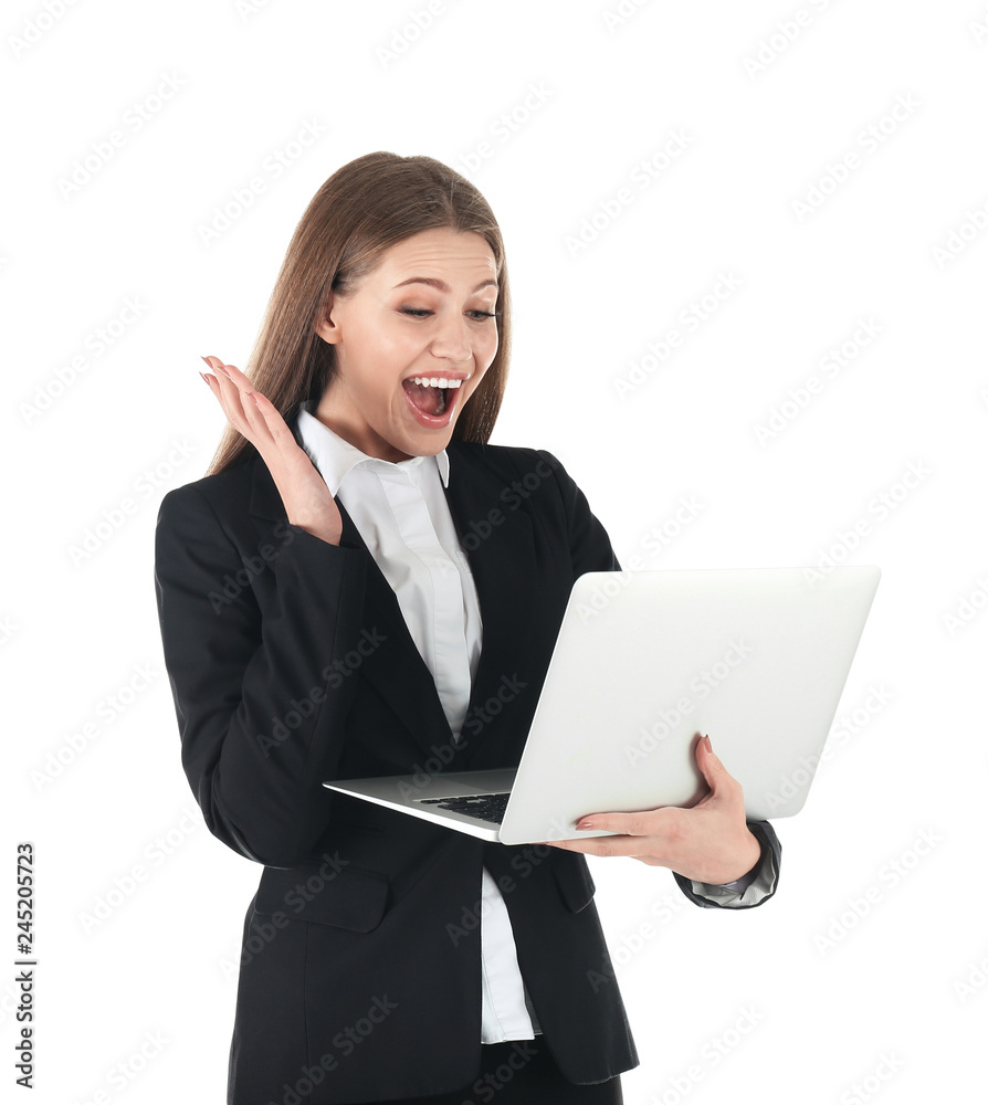 Emotional businesswoman in office wear with laptop celebrating victory on white background Emotional businesswoman in office wear with laptop celebrating victory on white background