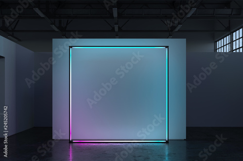 Canvas blank placard on white illuminated wall in showroom, 3d rendering. photo