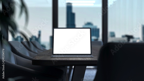 Tablet with blank white screen and keyboard on table. workspace. 3d rendering.